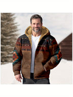 Hooded Zip Jacket Fleece-Lined Aztec Print Brown Men's – Casual, Winter, Outdoor, Gift