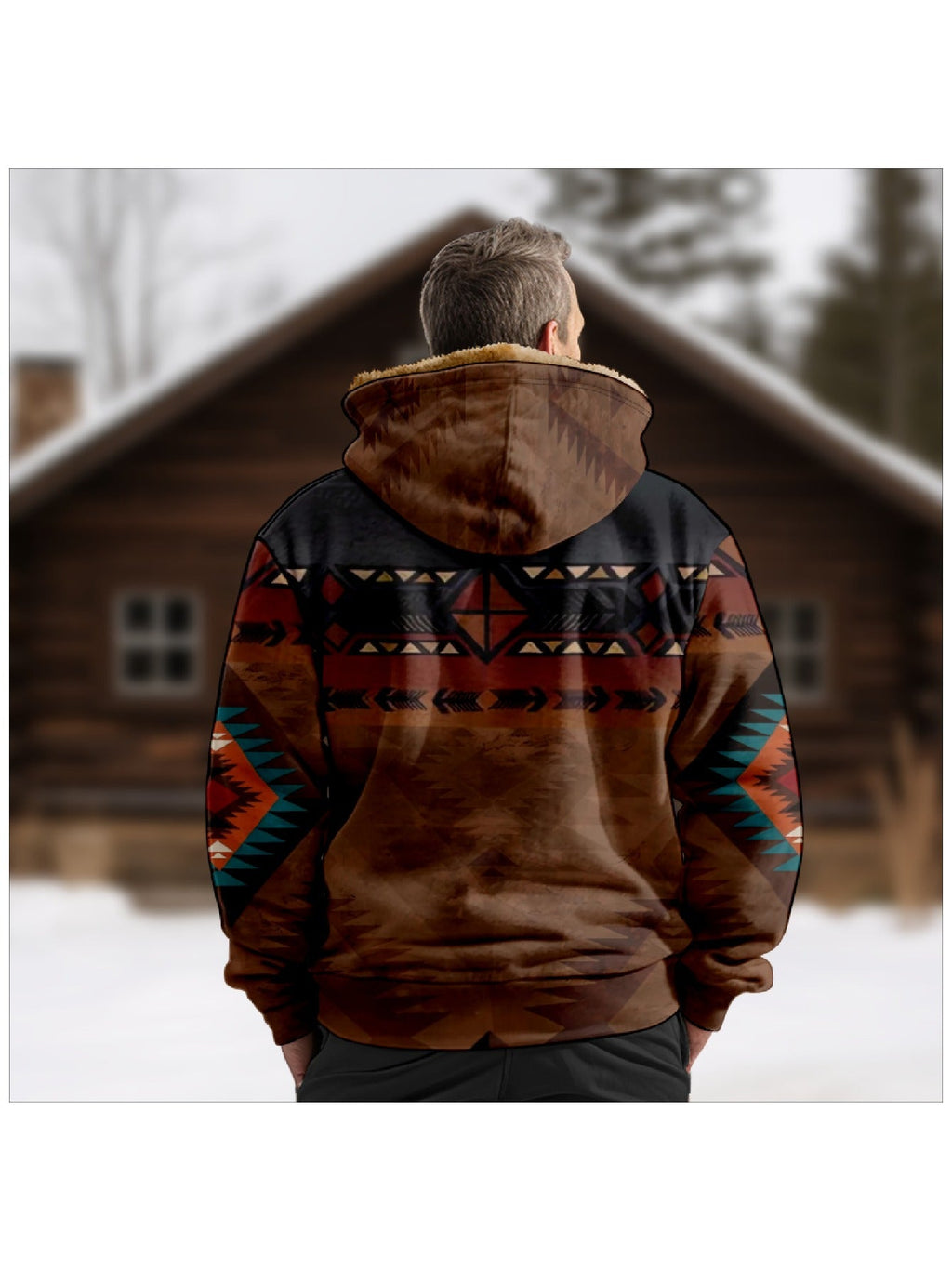 Hooded Zip Jacket Fleece-Lined Aztec Print Brown Men's – Casual, Winter, Outdoor, Gift