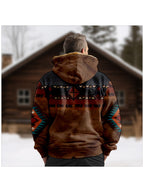 Hooded Zip Jacket Fleece-Lined Aztec Print Brown Men's – Casual, Winter, Outdoor, Gift