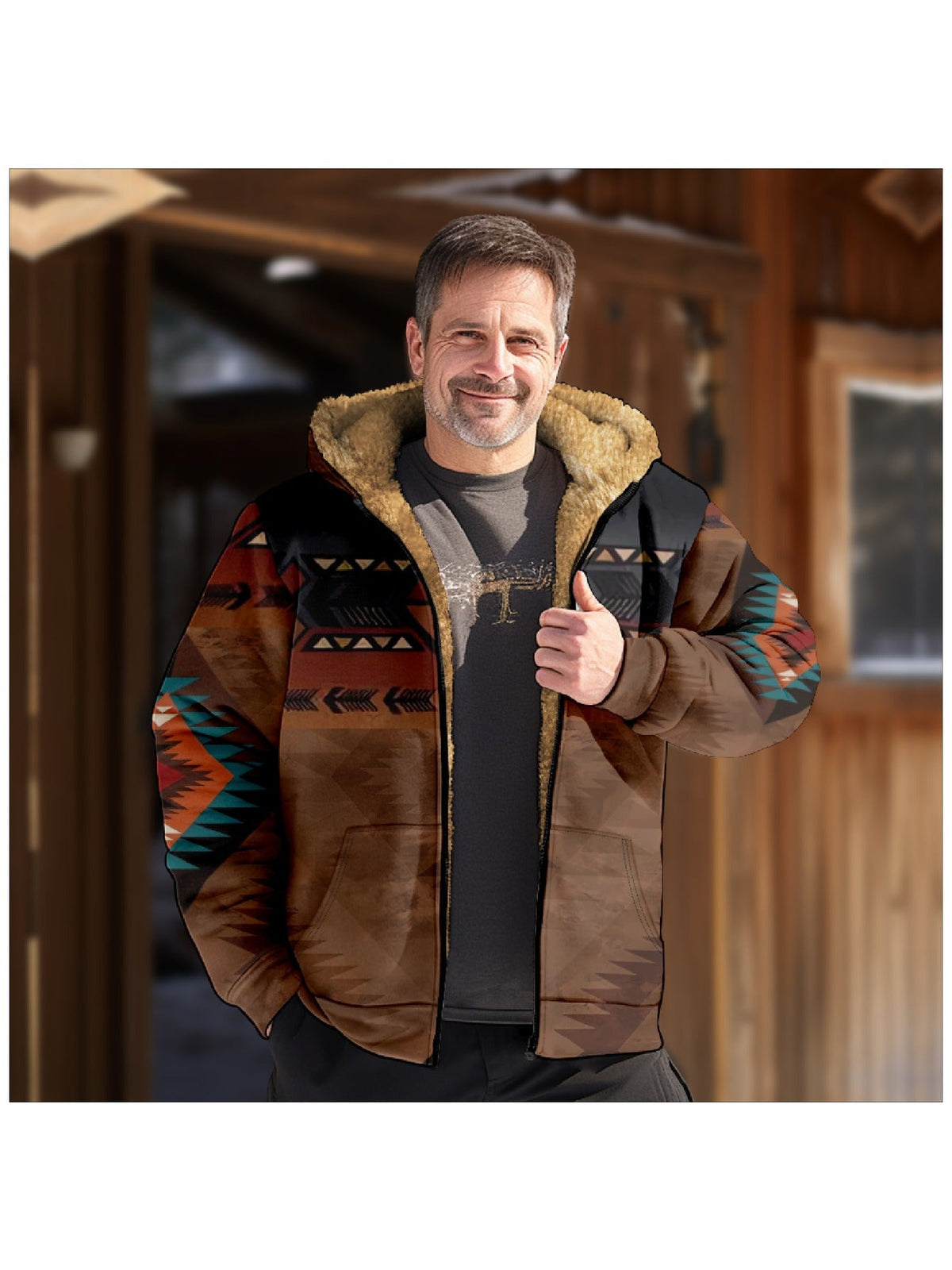 Hooded Zip Jacket Fleece-Lined Aztec Print Brown Men's – Casual, Winter, Outdoor, Gift
