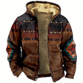 Hooded Zip Jacket Fleece-Lined Aztec Print Brown Men's – Casual, Winter, Outdoor, Gift