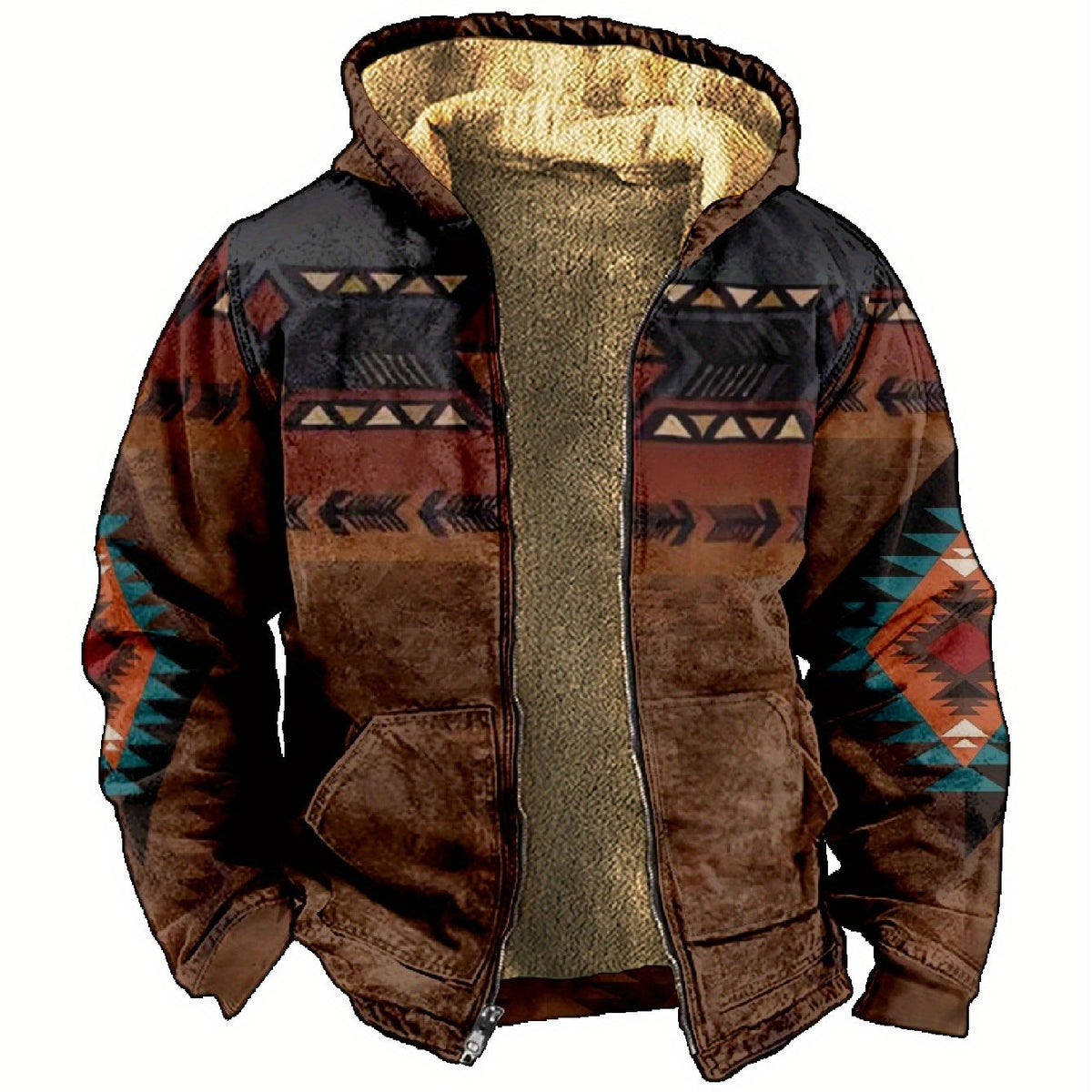 Hooded Zip Jacket Fleece-Lined Aztec Print Brown Men's – Casual, Winter, Outdoor, Gift