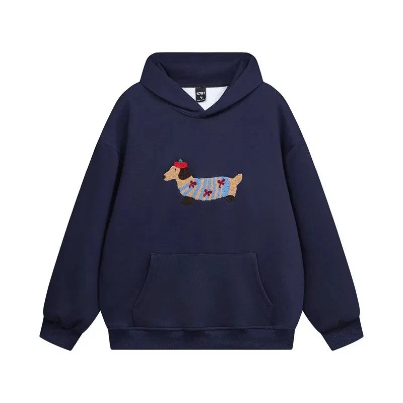 Hoodie Cotton Blend Grey Women's Embroidered Dachshund Oversized Pullover – Casual, Gift