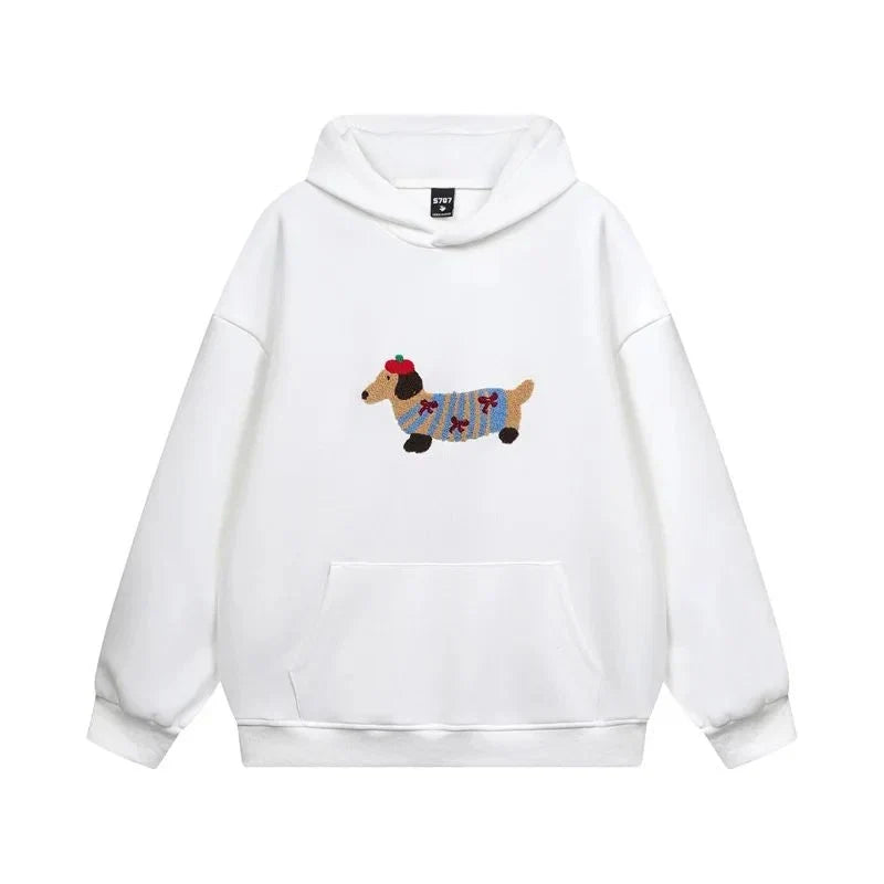 Hoodie Cotton Blend Grey Women's Embroidered Dachshund Oversized Pullover – Casual, Gift