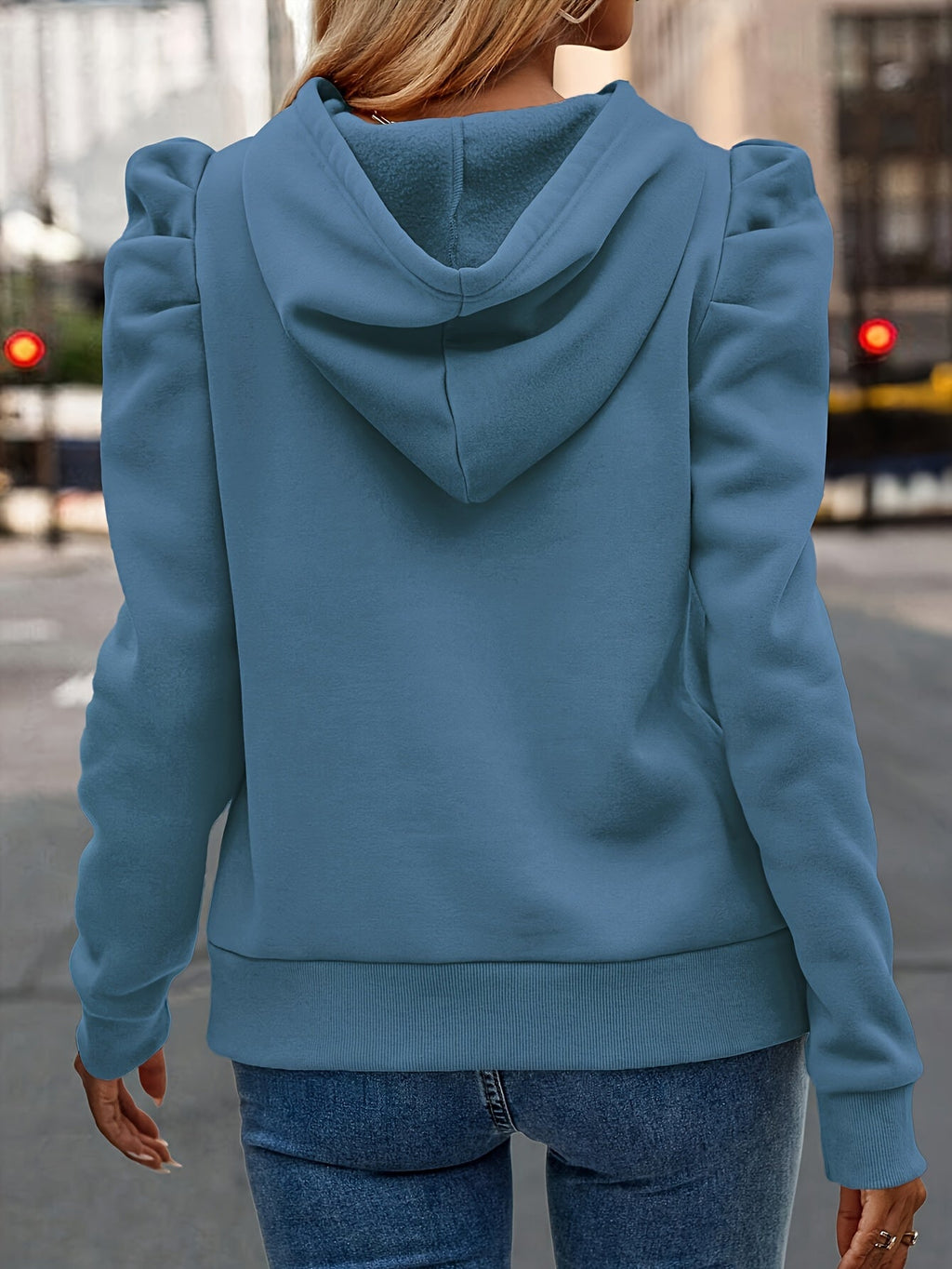 Hoodie Drawstring Puff Sleeve Women's Blue – Casual, Everyday Wear, Autumn Winter Layering Gift