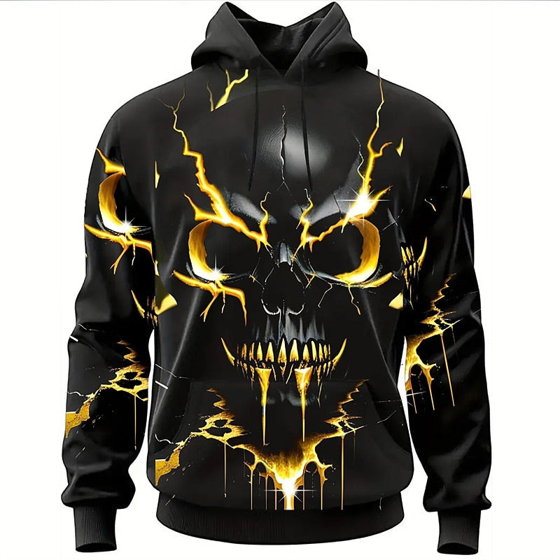 Hoodie Men's 3D Skull Graphic Black Gold Print Pullover – Casual, Halloween, Gift
