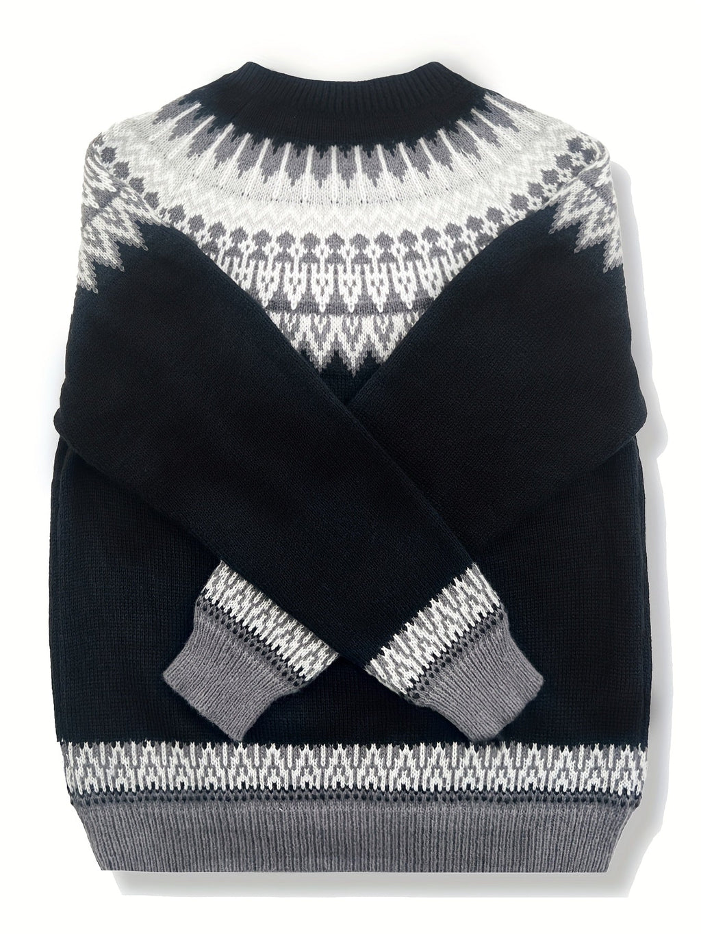 Jumper Chunky Knit Women's Green Black Fair Isle Round Neck Pullover – Casual, Winter Layering Gift