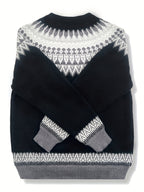 Jumper Chunky Knit Women's Green Black Fair Isle Round Neck Pullover – Casual, Winter Layering Gift