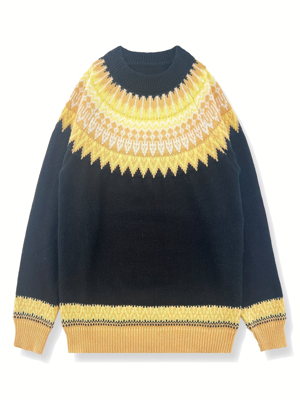 Jumper Chunky Knit Women's Green Black Fair Isle Round Neck Pullover – Casual, Winter Layering Gift