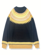 Jumper Chunky Knit Women's Green Black Fair Isle Round Neck Pullover – Casual, Winter Layering Gift