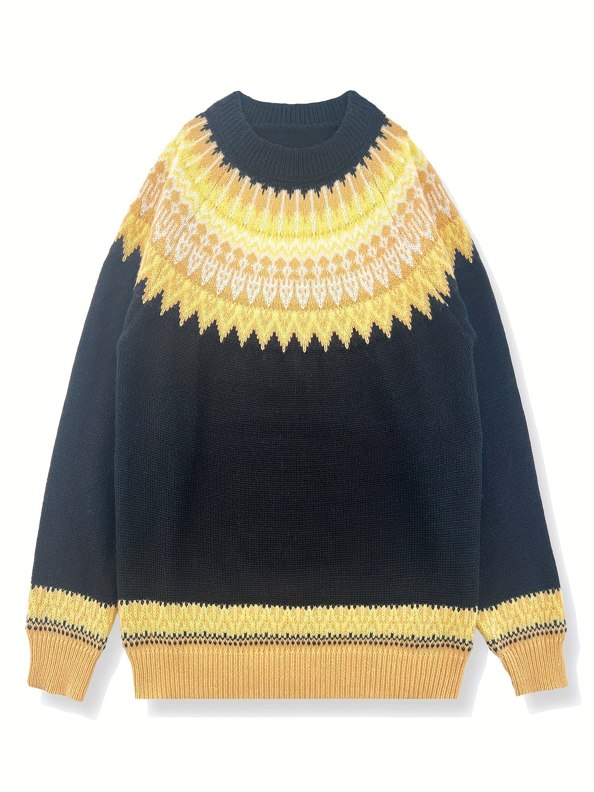 Jumper Chunky Knit Women's Green Black Fair Isle Round Neck Pullover – Casual, Winter Layering Gift