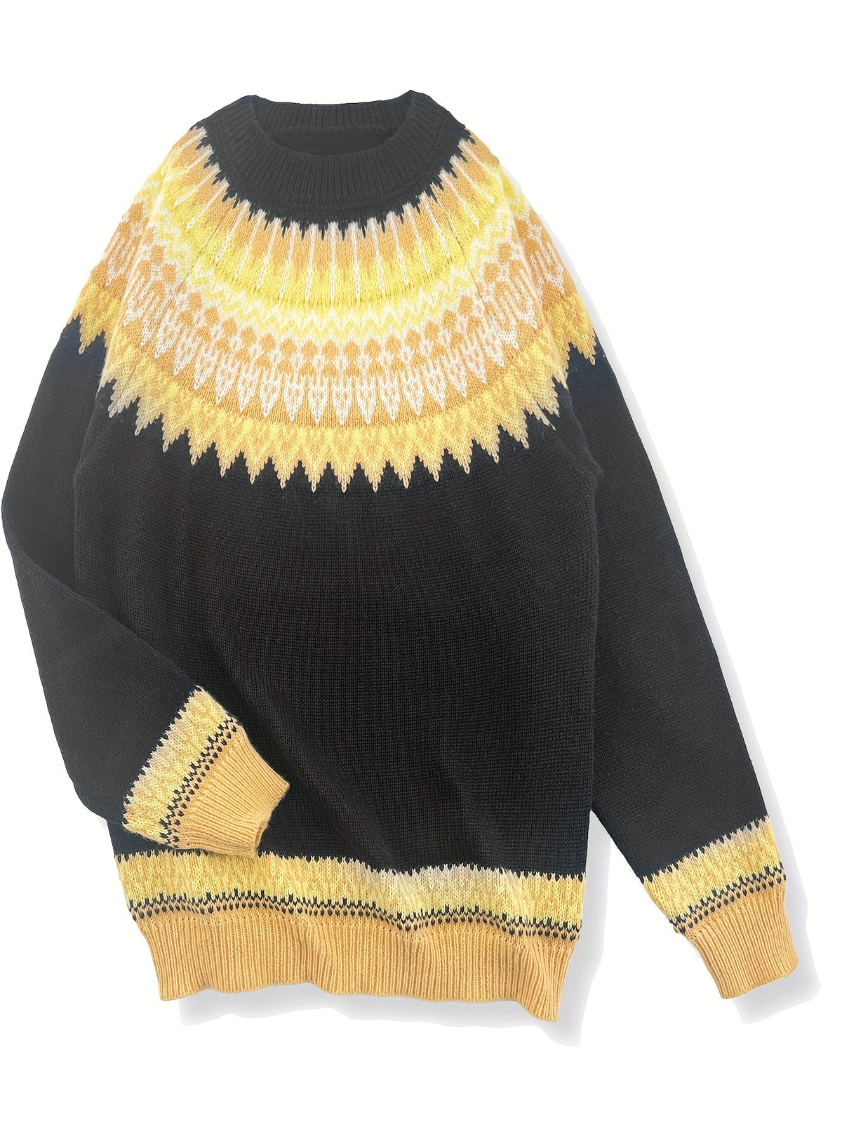 Jumper Chunky Knit Women's Green Black Fair Isle Round Neck Pullover – Casual, Winter Layering Gift