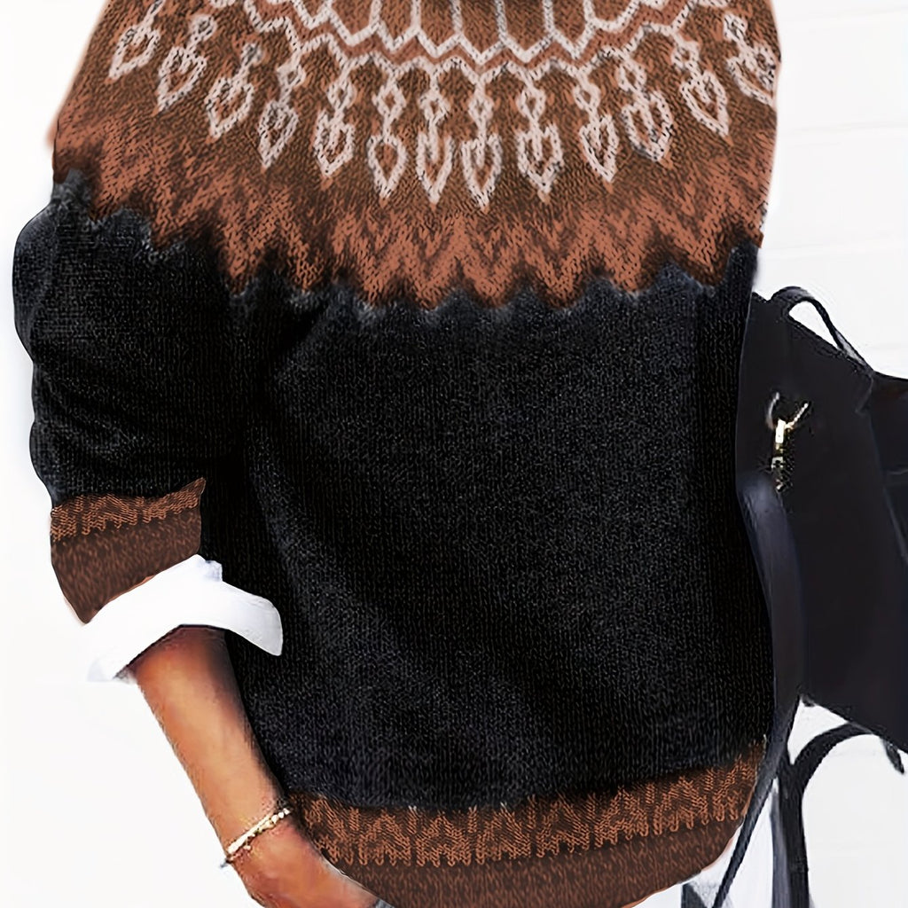 Jumper Chunky Knit Women's Green Black Fair Isle Round Neck Pullover – Casual, Winter Layering Gift