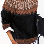Jumper Chunky Knit Women's Green Black Fair Isle Round Neck Pullover – Casual, Winter Layering Gift