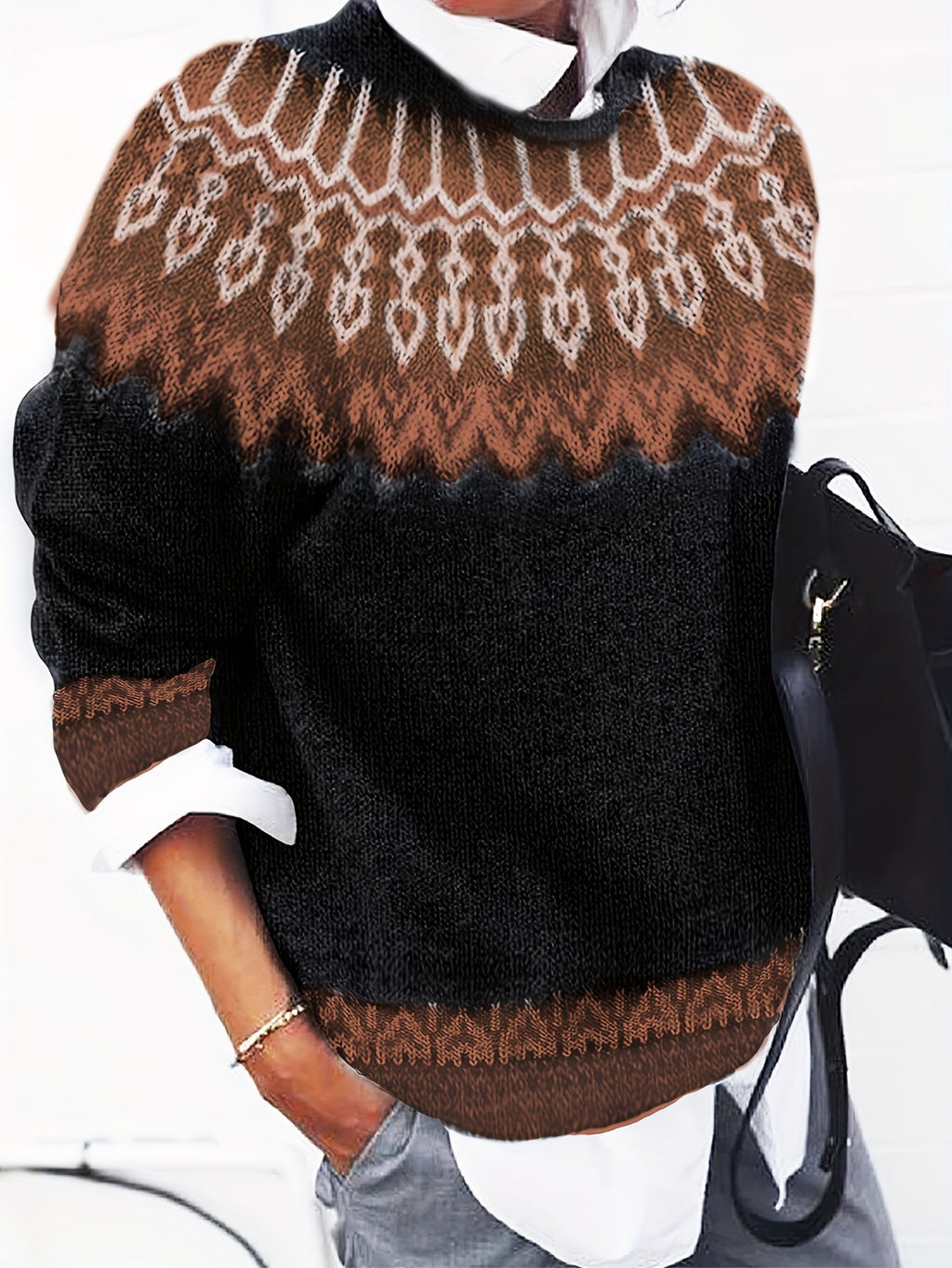 Jumper Chunky Knit Women's Green Black Fair Isle Round Neck Pullover – Casual, Winter Layering Gift