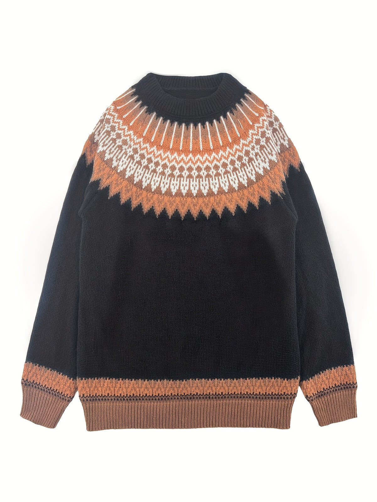Jumper Chunky Knit Women's Green Black Fair Isle Round Neck Pullover – Casual, Winter Layering Gift