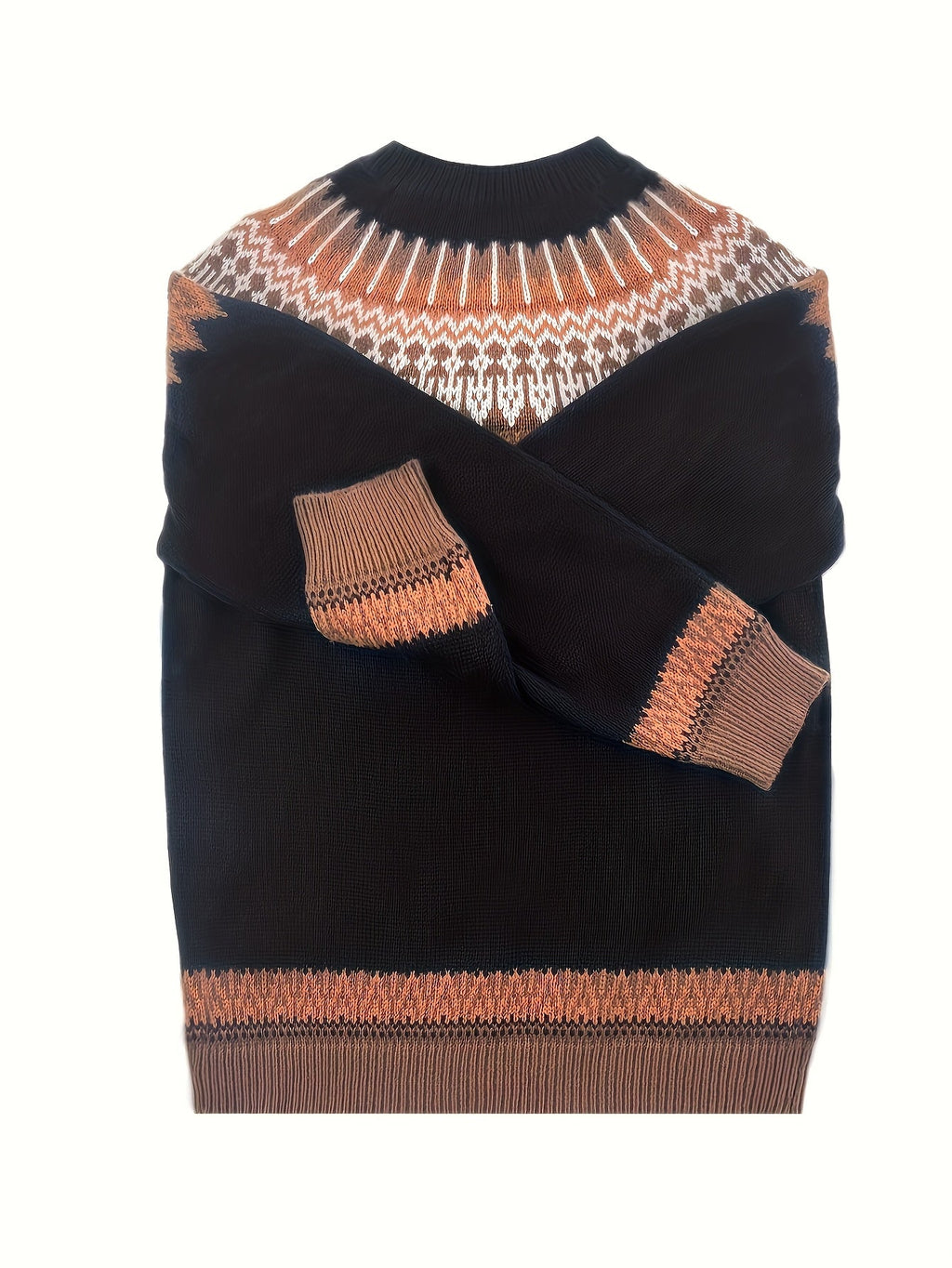 Jumper Chunky Knit Women's Green Black Fair Isle Round Neck Pullover – Casual, Winter Layering Gift