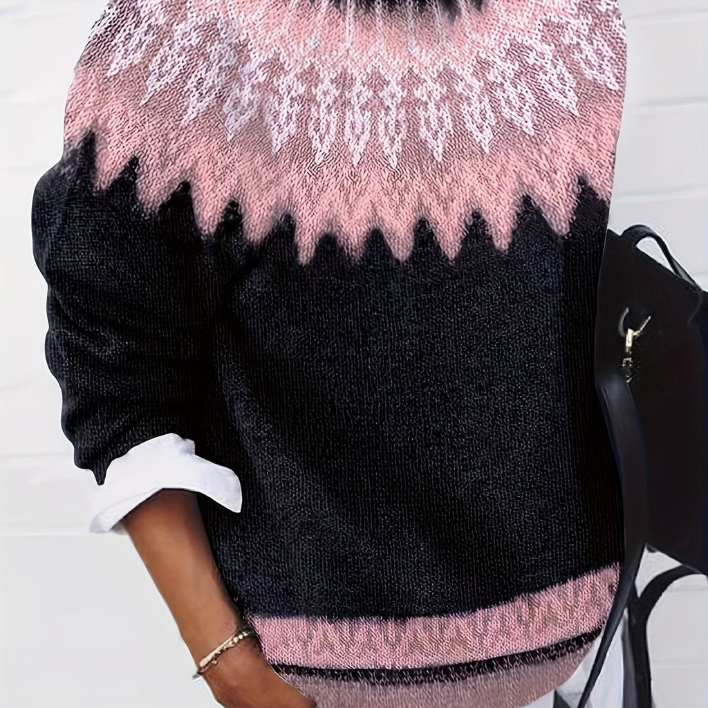 Jumper Chunky Knit Women's Green Black Fair Isle Round Neck Pullover – Casual, Winter Layering Gift