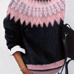 Jumper Chunky Knit Women's Green Black Fair Isle Round Neck Pullover – Casual, Winter Layering Gift