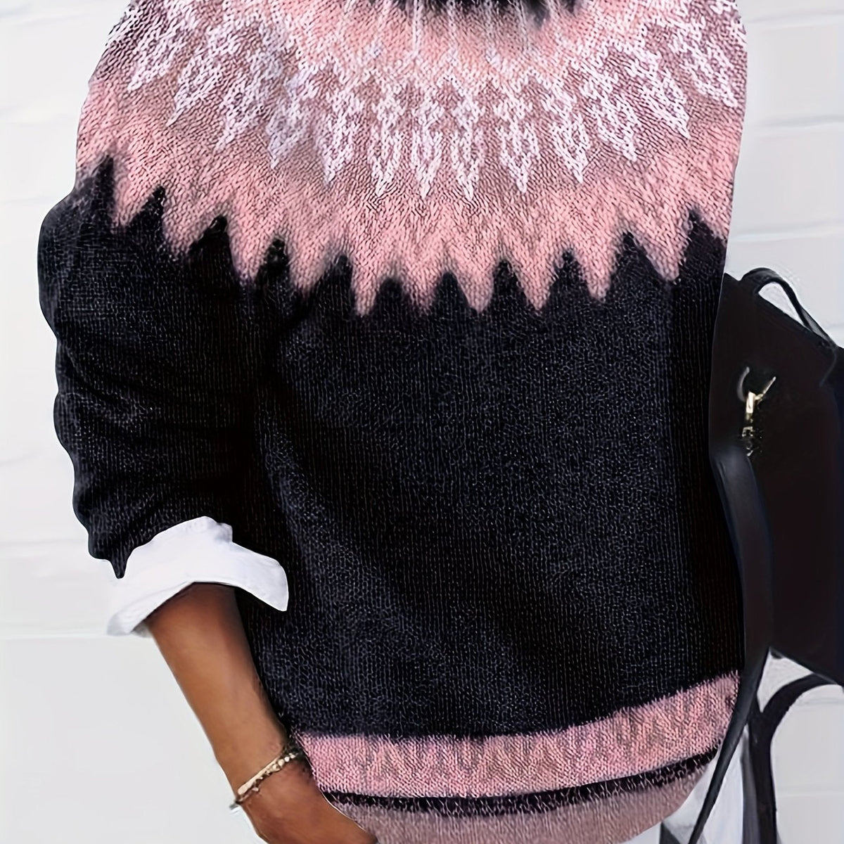 Jumper Chunky Knit Women's Green Black Fair Isle Round Neck Pullover – Casual, Winter Layering Gift