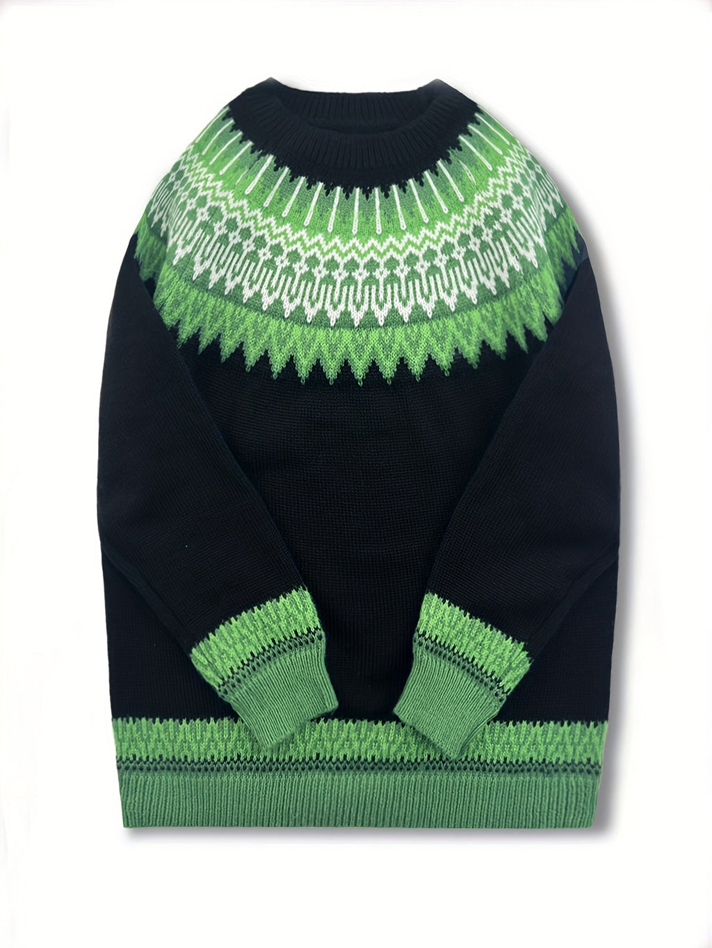 Jumper Chunky Knit Women's Green Black Fair Isle Round Neck Pullover – Casual, Winter Layering Gift