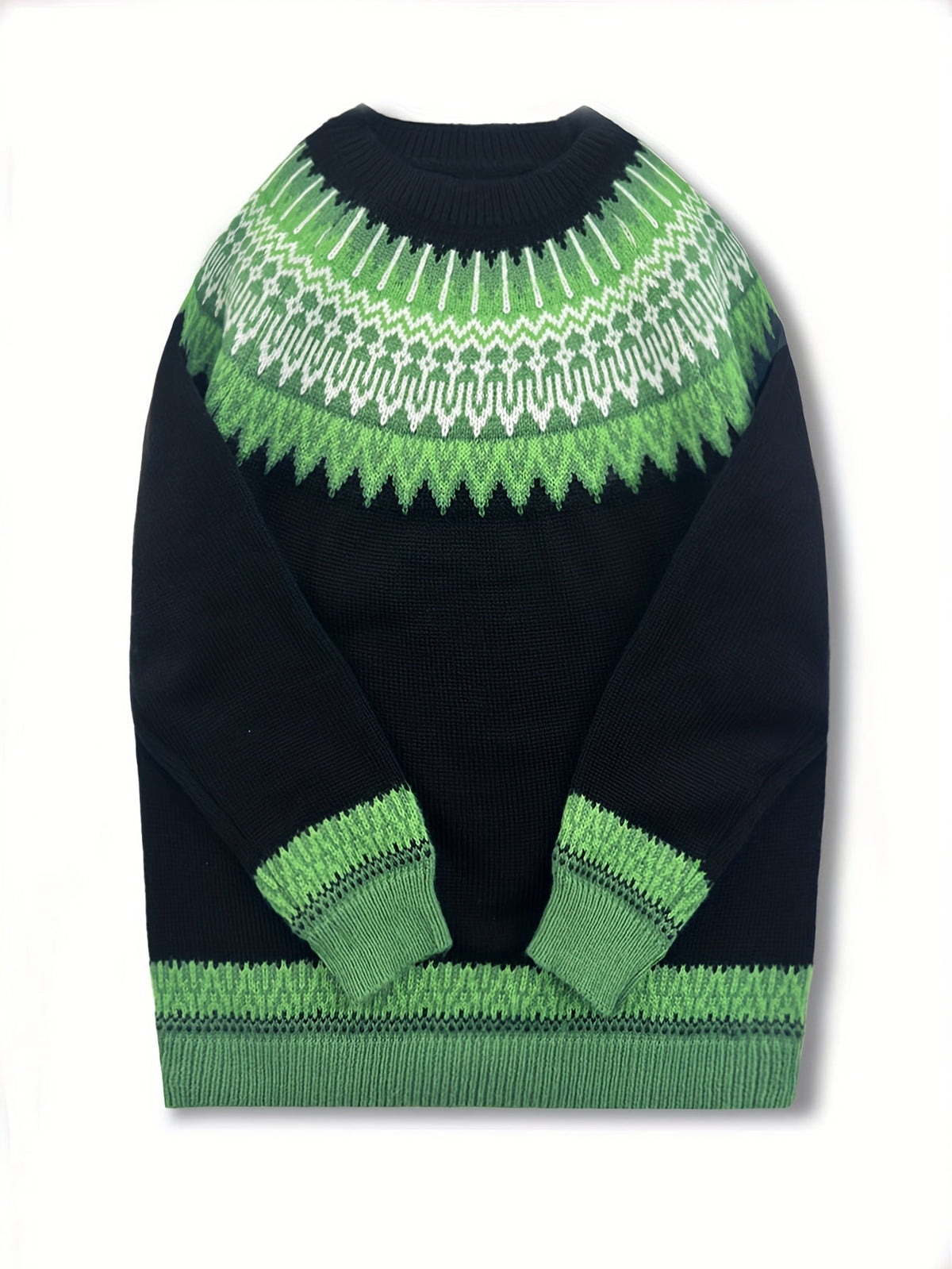 Jumper Chunky Knit Women's Green Black Fair Isle Round Neck Pullover – Casual, Winter Layering Gift