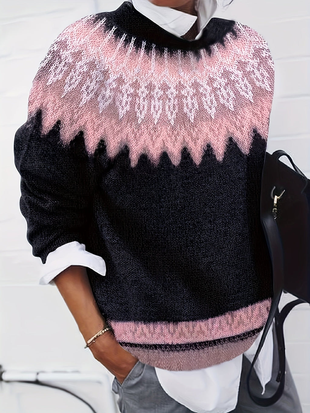 Jumper Chunky Knit Women's Green Black Fair Isle Round Neck Pullover – Casual, Winter Layering Gift