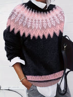 Jumper Chunky Knit Women's Green Black Fair Isle Round Neck Pullover – Casual, Winter Layering Gift