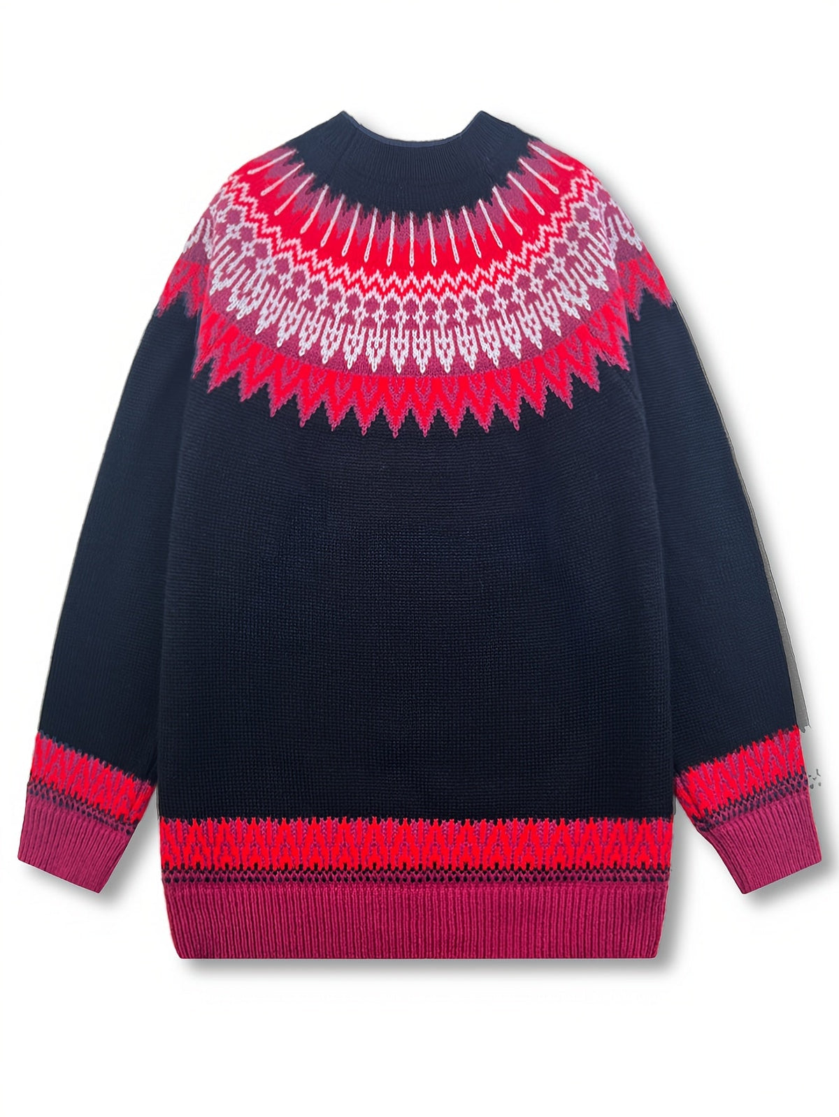 Jumper Chunky Knit Women's Green Black Fair Isle Round Neck Pullover – Casual, Winter Layering Gift