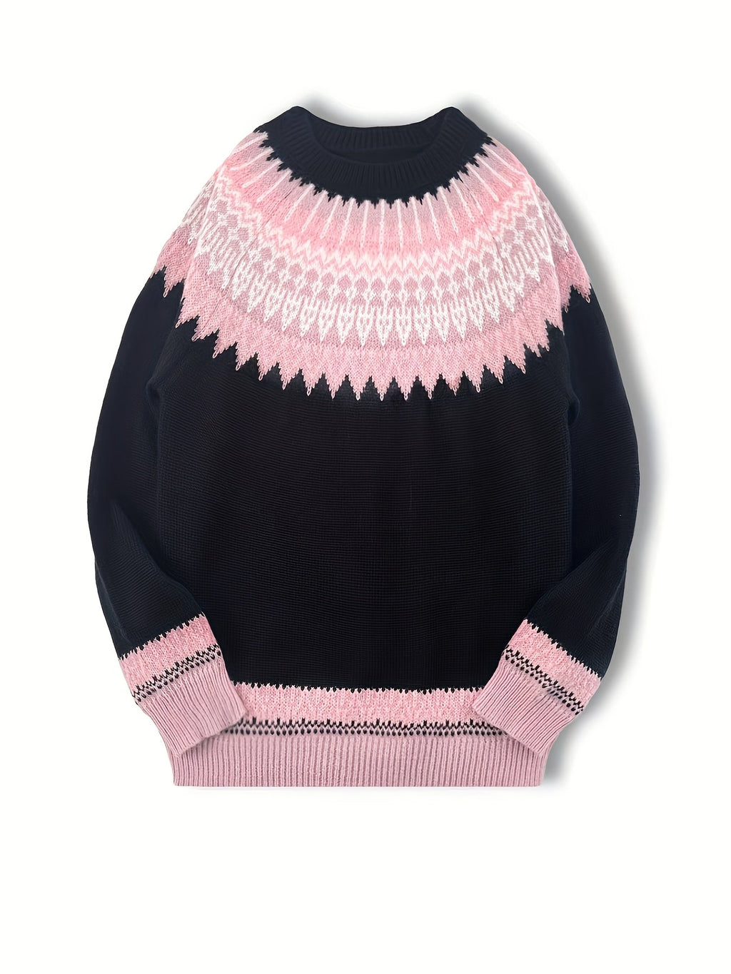 Jumper Chunky Knit Women's Green Black Fair Isle Round Neck Pullover – Casual, Winter Layering Gift