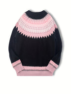 Jumper Chunky Knit Women's Green Black Fair Isle Round Neck Pullover – Casual, Winter Layering Gift