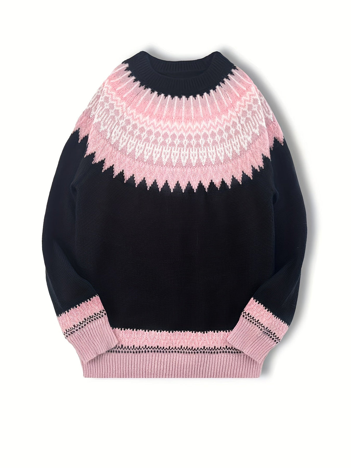 Jumper Chunky Knit Women's Green Black Fair Isle Round Neck Pullover – Casual, Winter Layering Gift