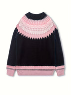 Jumper Chunky Knit Women's Green Black Fair Isle Round Neck Pullover – Casual, Winter Layering Gift