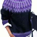 Jumper Chunky Knit Women's Green Black Fair Isle Round Neck Pullover – Casual, Winter Layering Gift