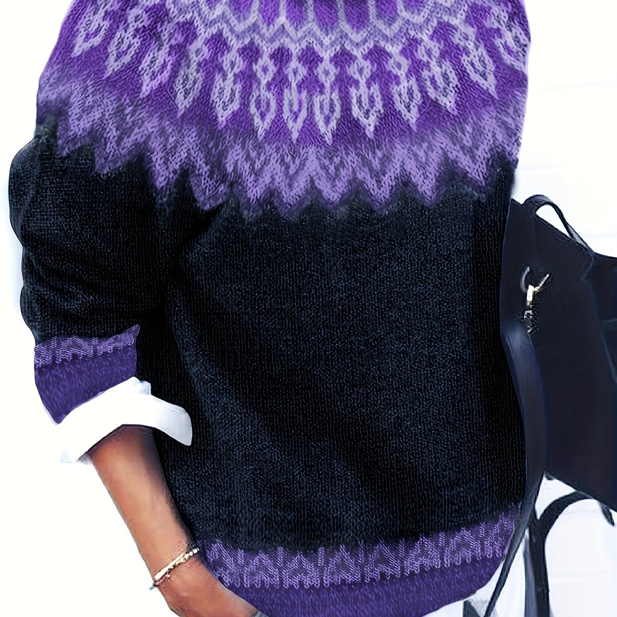 Jumper Chunky Knit Women's Green Black Fair Isle Round Neck Pullover – Casual, Winter Layering Gift