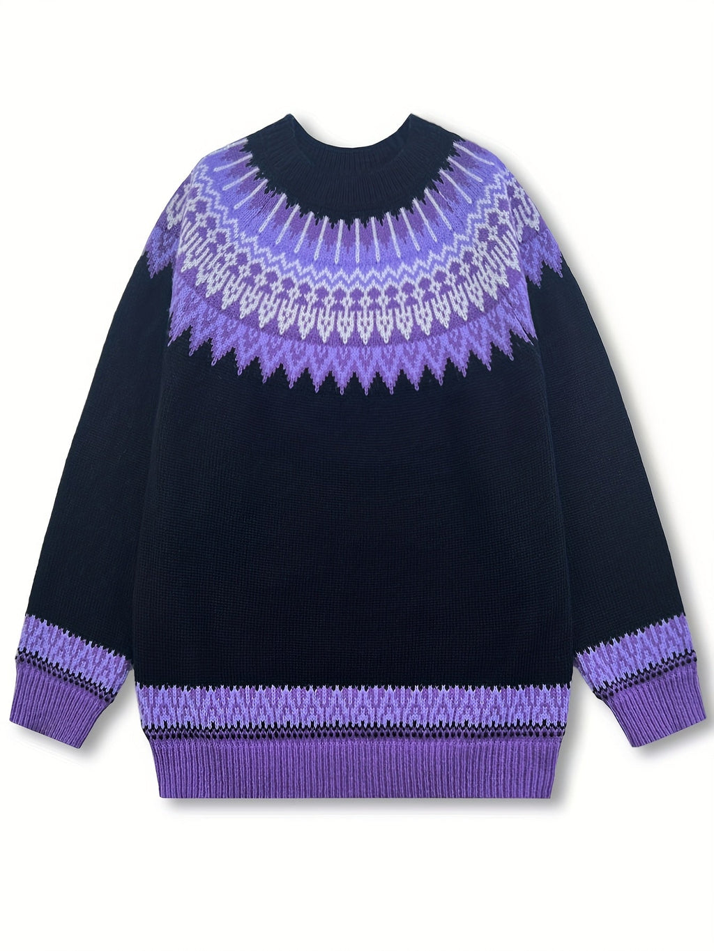 Jumper Chunky Knit Women's Green Black Fair Isle Round Neck Pullover – Casual, Winter Layering Gift