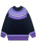 Jumper Chunky Knit Women's Green Black Fair Isle Round Neck Pullover – Casual, Winter Layering Gift