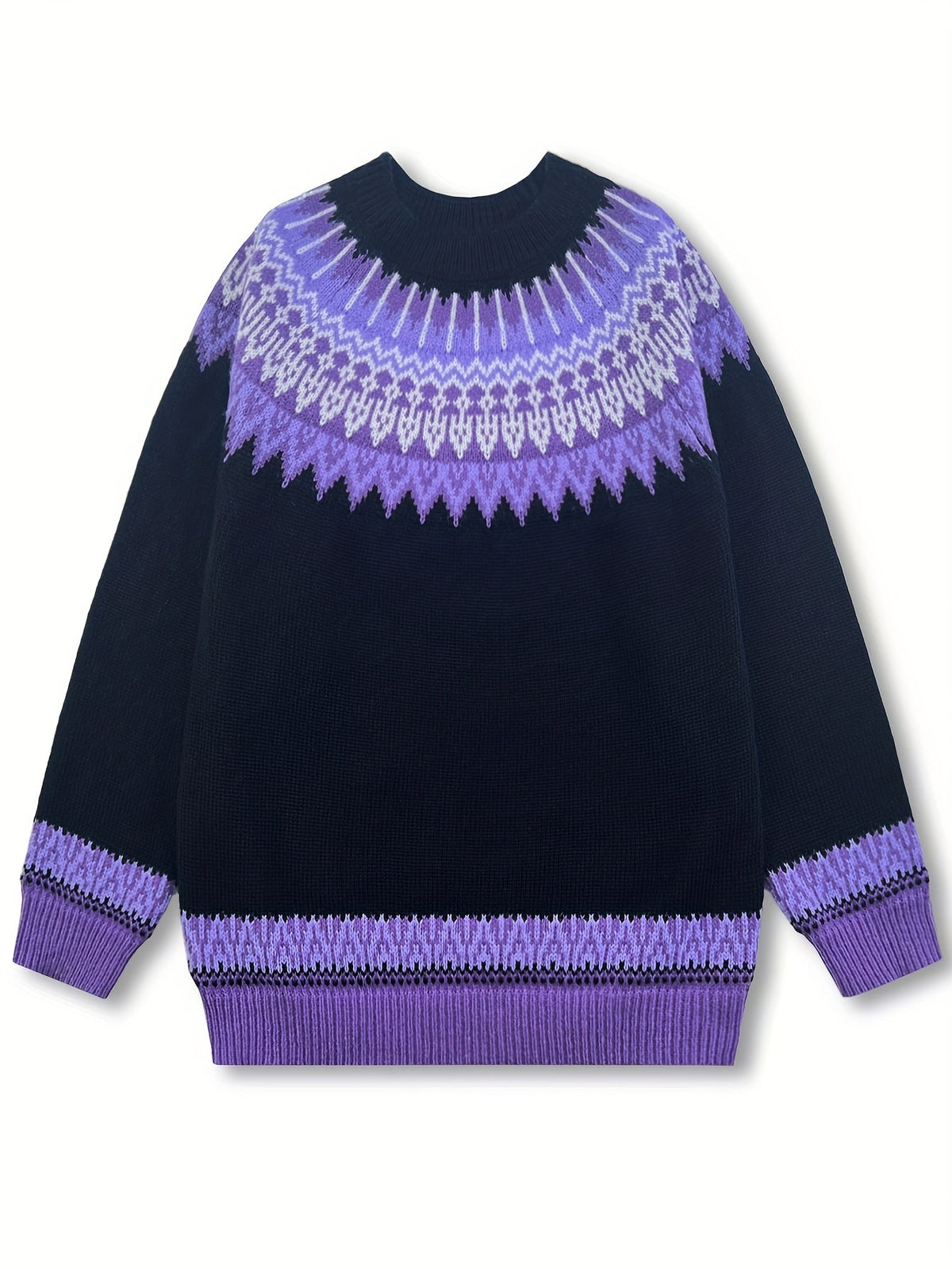 Jumper Chunky Knit Women's Green Black Fair Isle Round Neck Pullover – Casual, Winter Layering Gift