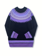 Jumper Chunky Knit Women's Green Black Fair Isle Round Neck Pullover – Casual, Winter Layering Gift