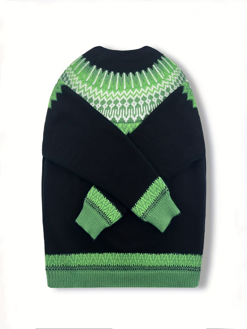 Jumper Chunky Knit Women's Green Black Fair Isle Round Neck Pullover – Casual, Winter Layering Gift