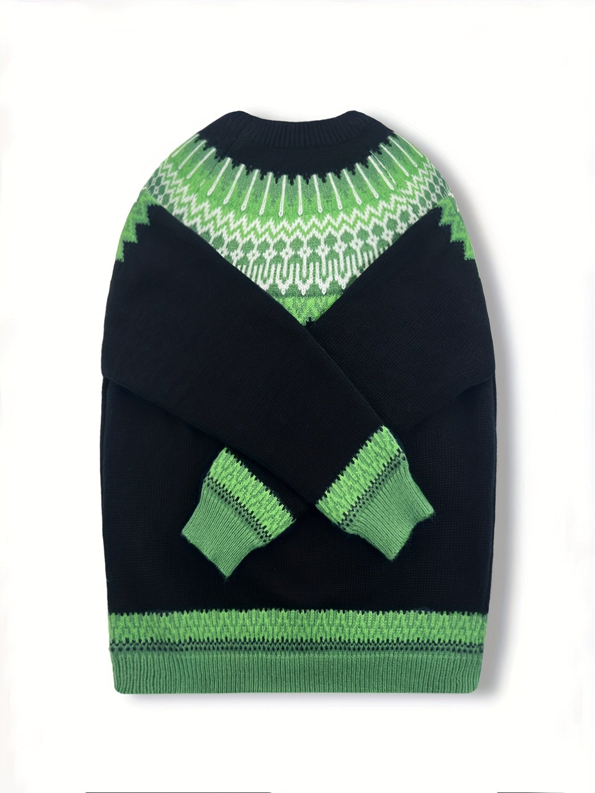 Jumper Chunky Knit Women's Green Black Fair Isle Round Neck Pullover – Casual, Winter Layering Gift