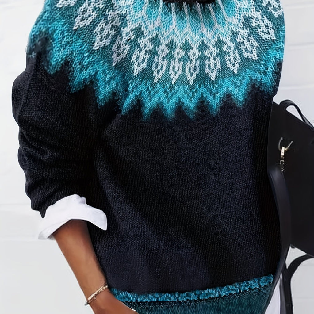 Jumper Chunky Knit Women's Green Black Fair Isle Round Neck Pullover – Casual, Winter Layering Gift