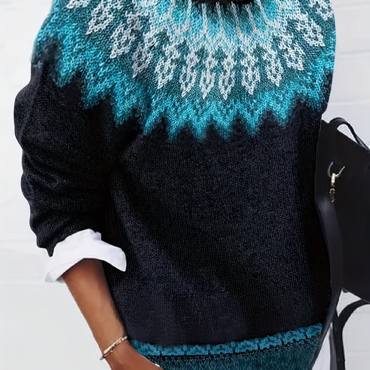 Jumper Chunky Knit Women's Green Black Fair Isle Round Neck Pullover – Casual, Winter Layering Gift