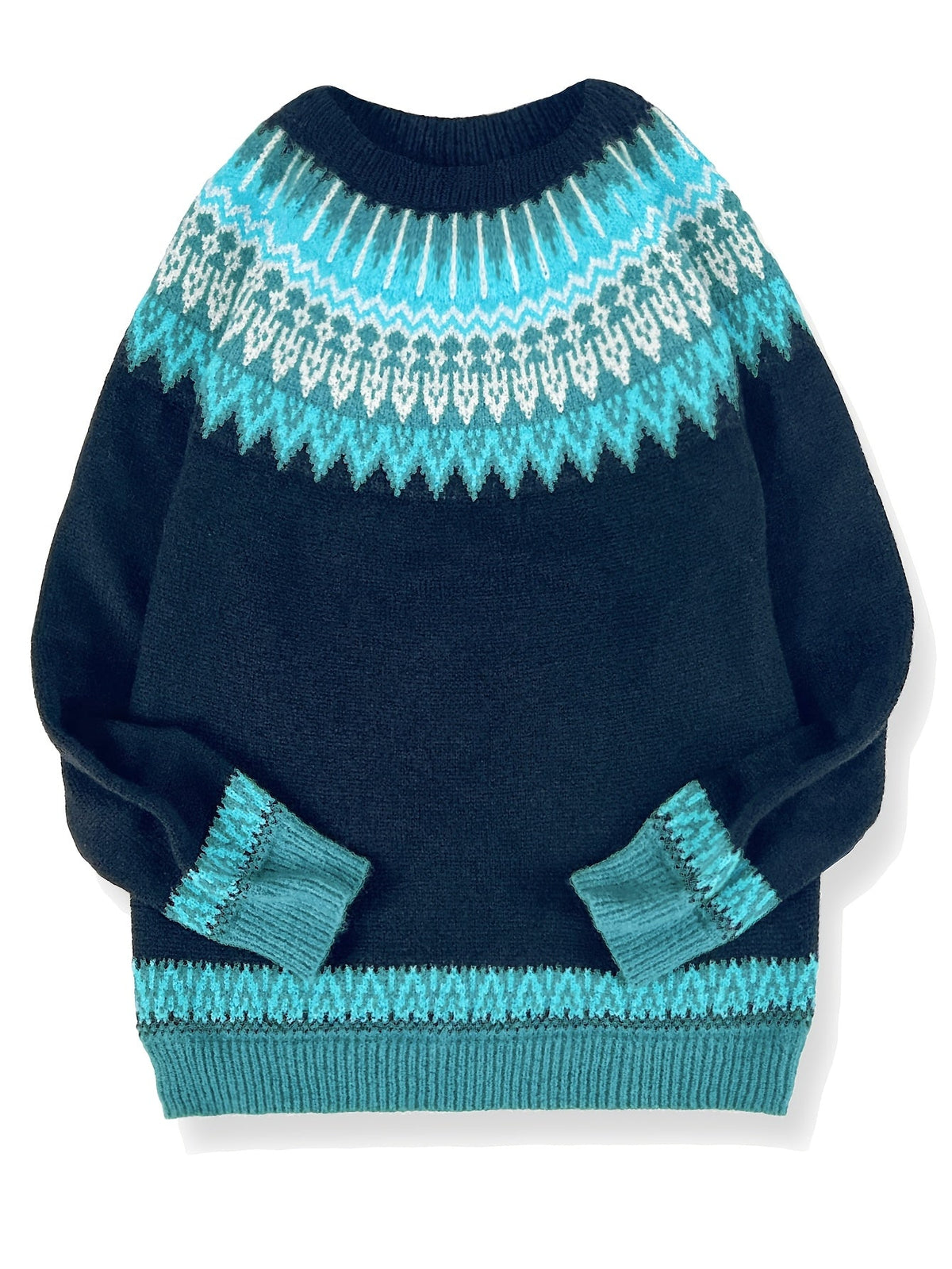 Jumper Chunky Knit Women's Green Black Fair Isle Round Neck Pullover – Casual, Winter Layering Gift