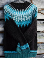 Jumper Chunky Knit Women's Green Black Fair Isle Round Neck Pullover – Casual, Winter Layering Gift