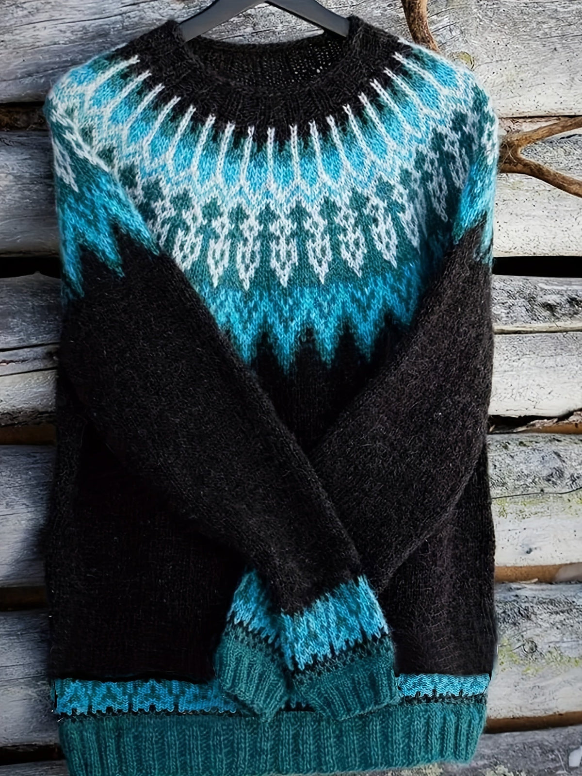 Jumper Chunky Knit Women's Green Black Fair Isle Round Neck Pullover – Casual, Winter Layering Gift