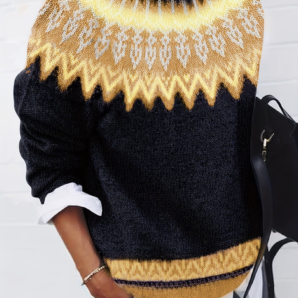 Jumper Chunky Knit Women's Green Black Fair Isle Round Neck Pullover – Casual, Winter Layering Gift