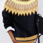 Jumper Chunky Knit Women's Green Black Fair Isle Round Neck Pullover – Casual, Winter Layering Gift