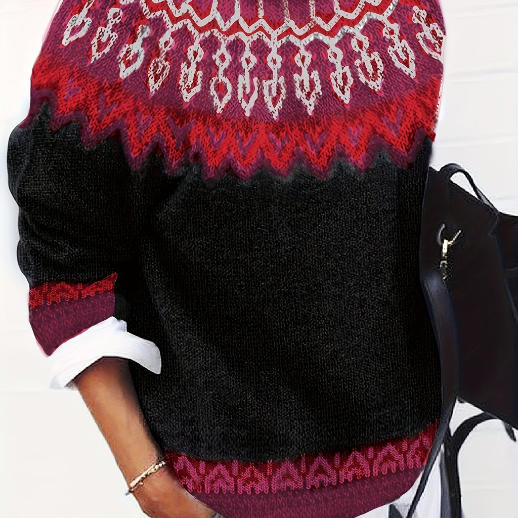 Jumper Chunky Knit Women's Green Black Fair Isle Round Neck Pullover – Casual, Winter Layering Gift