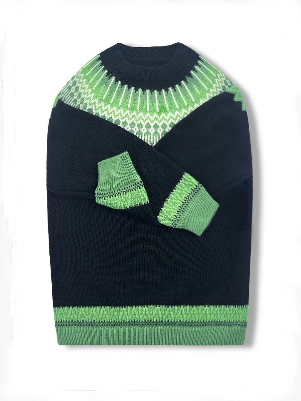 Jumper Chunky Knit Women's Green Black Fair Isle Round Neck Pullover – Casual, Winter Layering Gift